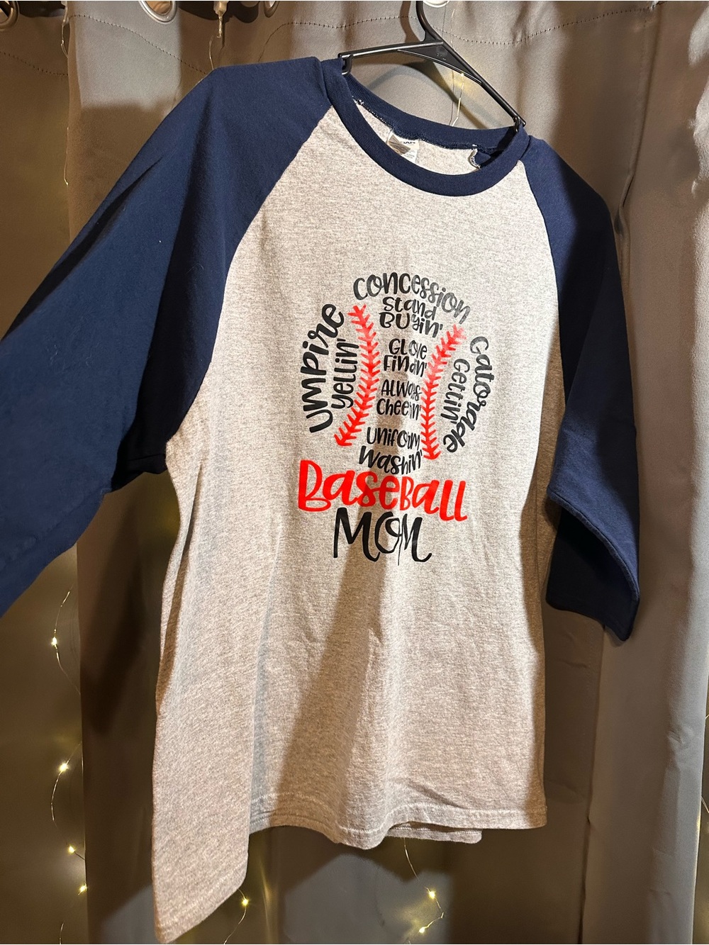 Gildan Baseball Mom Raglan Tee - Navy & Heather Gray with Red Graphic